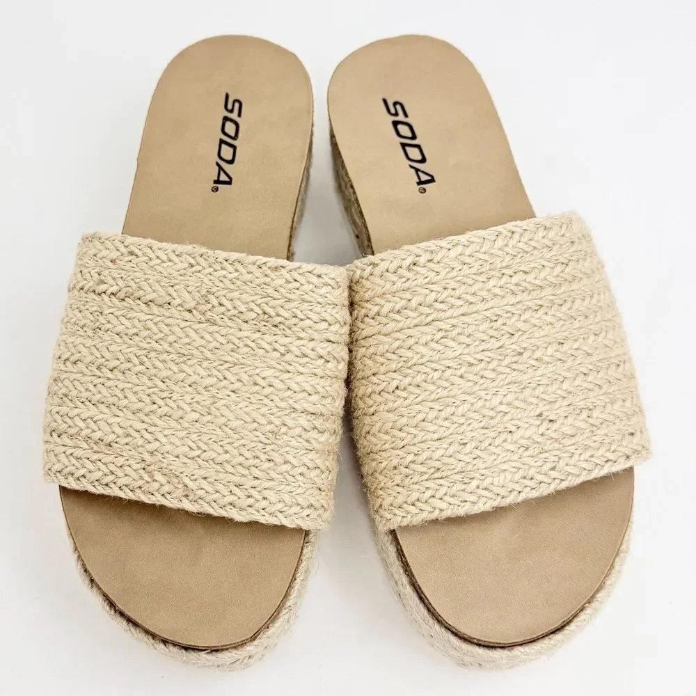 Soda PROCESS Beige Jute Open Toe Platform Espadrille Slide Sandals
